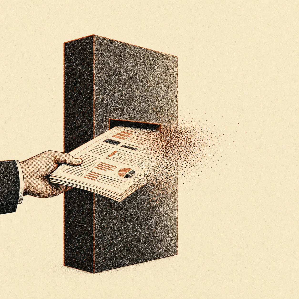 A hand feeds business documents into a slot in a featureless block. The pages break apart as they cross the threshold, and nothing emerges on the other side.